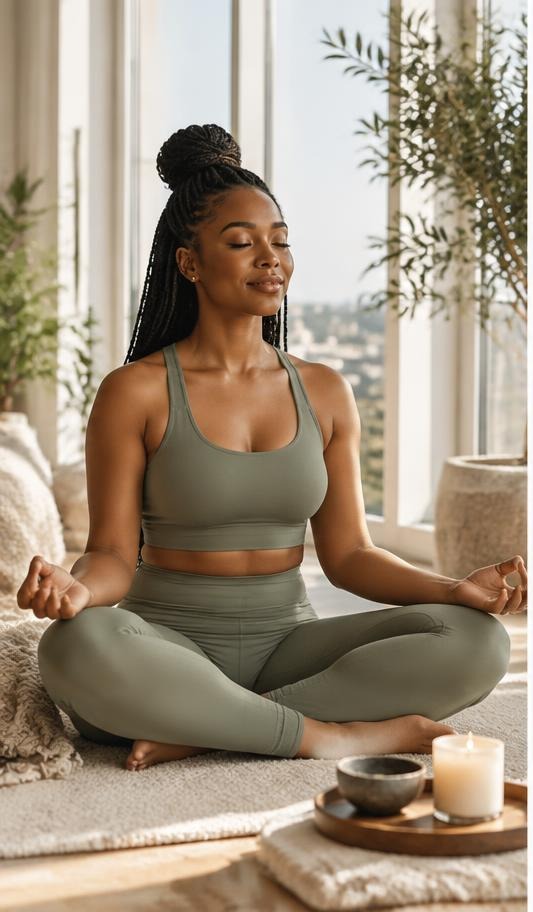 A Black woman centered in a peaceful meditation practice