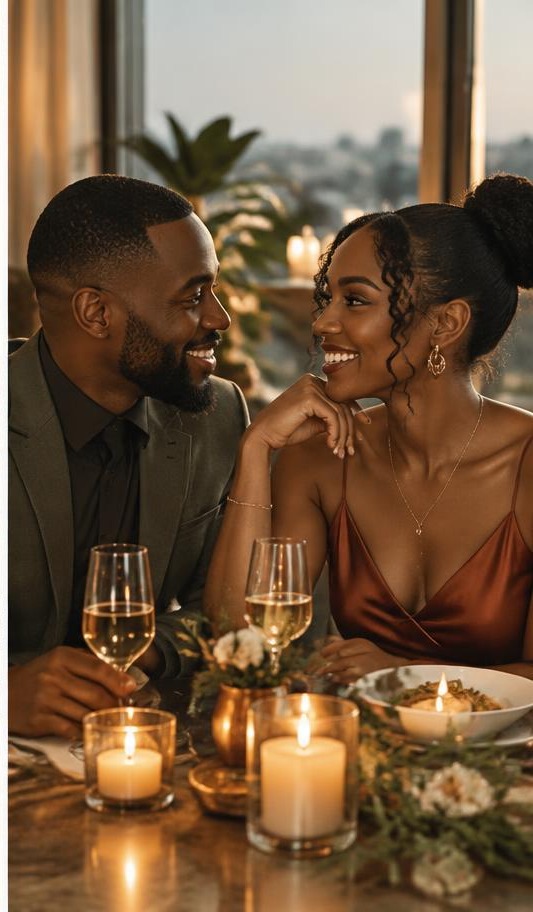 A Black couple sharing a loving conversation over dinner