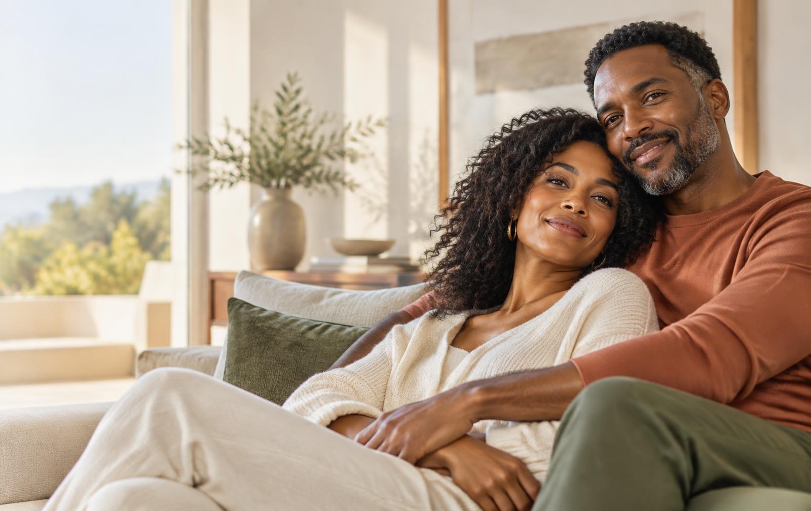 A Black couple relaxing together in a warm, sunlit home