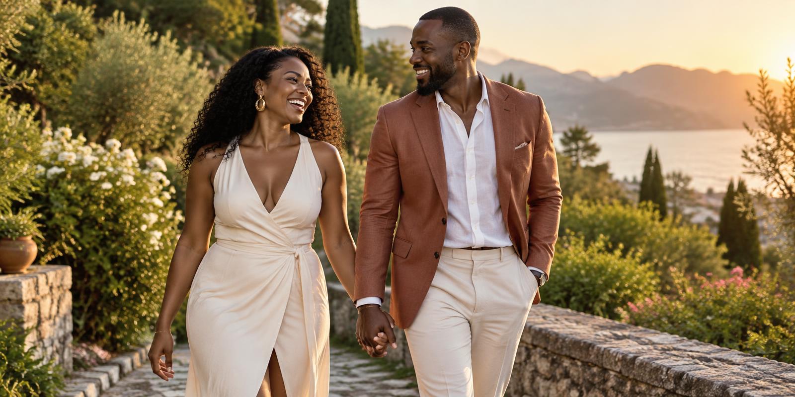 A thriving Black couple walking hand in hand at sunset