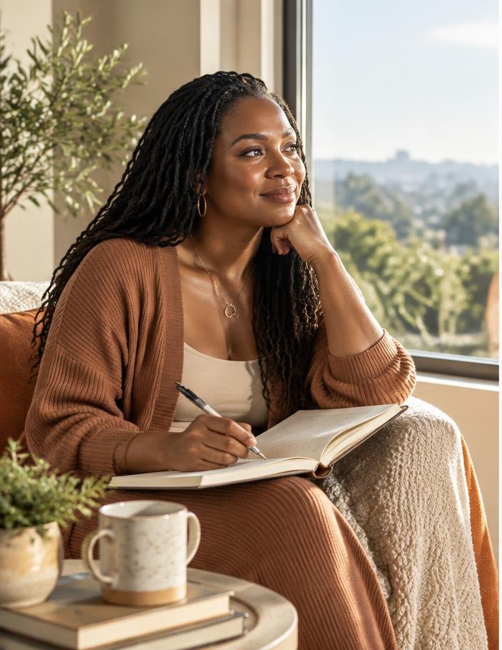 A Black woman journaling during a quiet moment of personal reflection