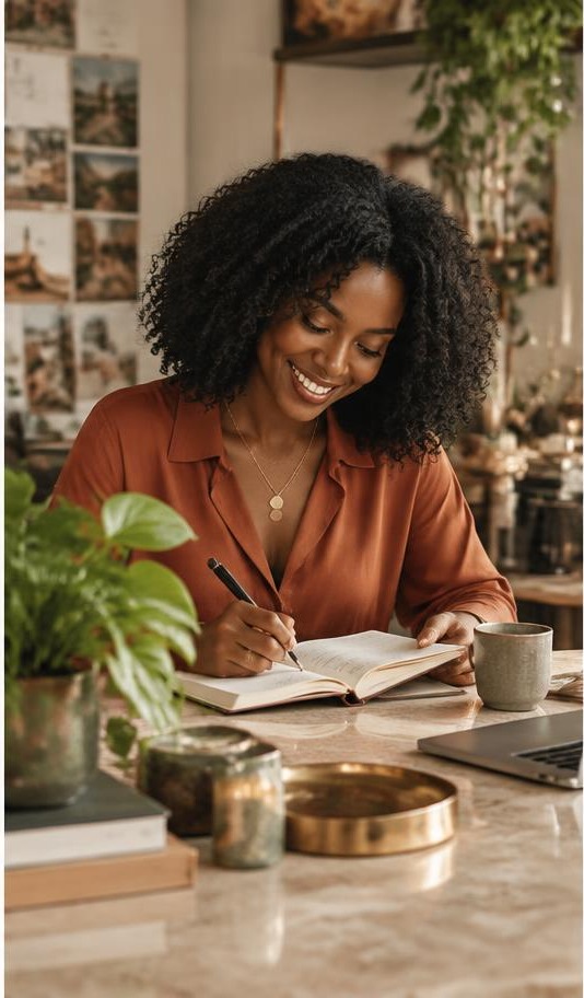 A Black woman reflecting and writing in her journal